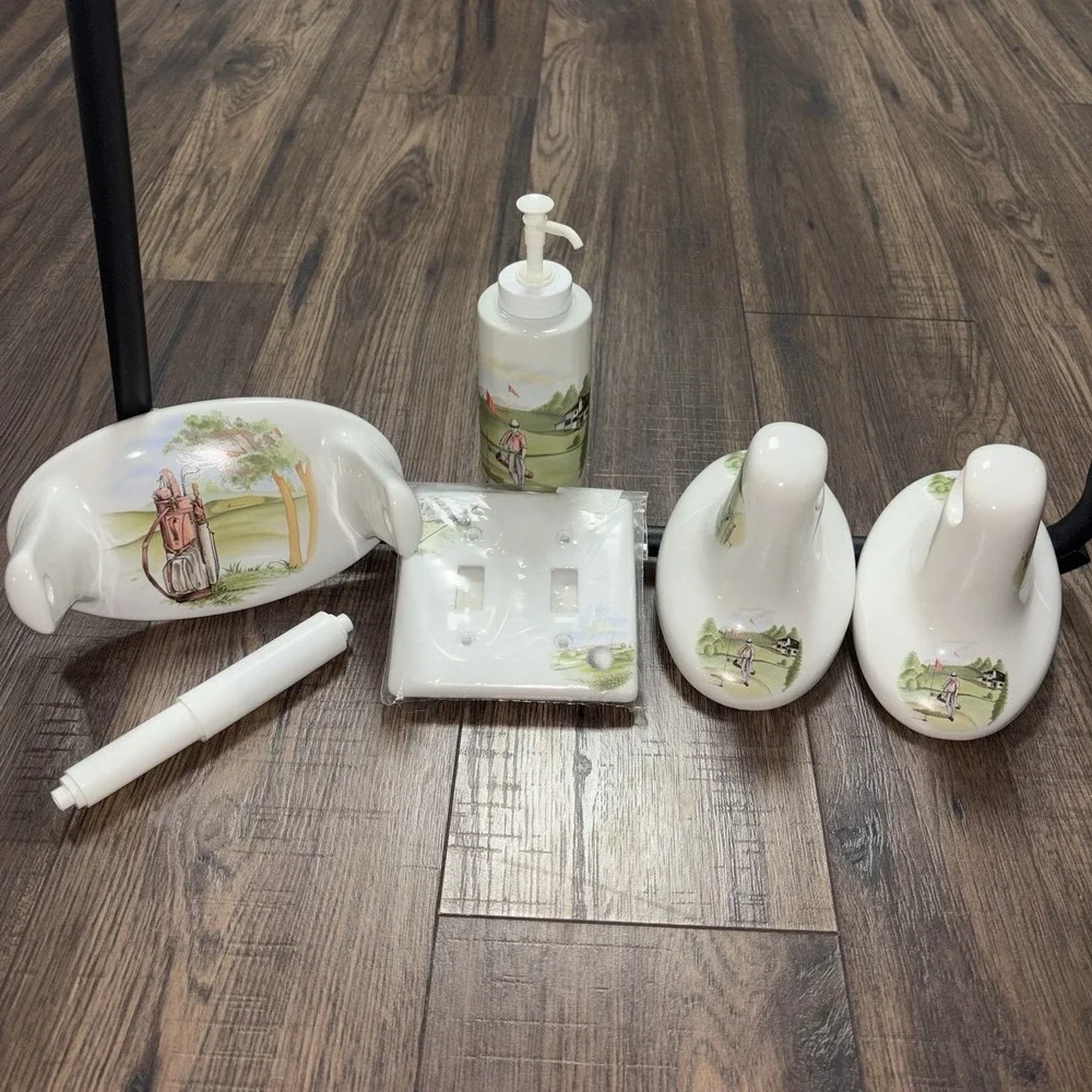 Macbirdie Ceramic Golf Themed Bathroom 4 Piece Set Vintage Soap Bottle Towel Bar